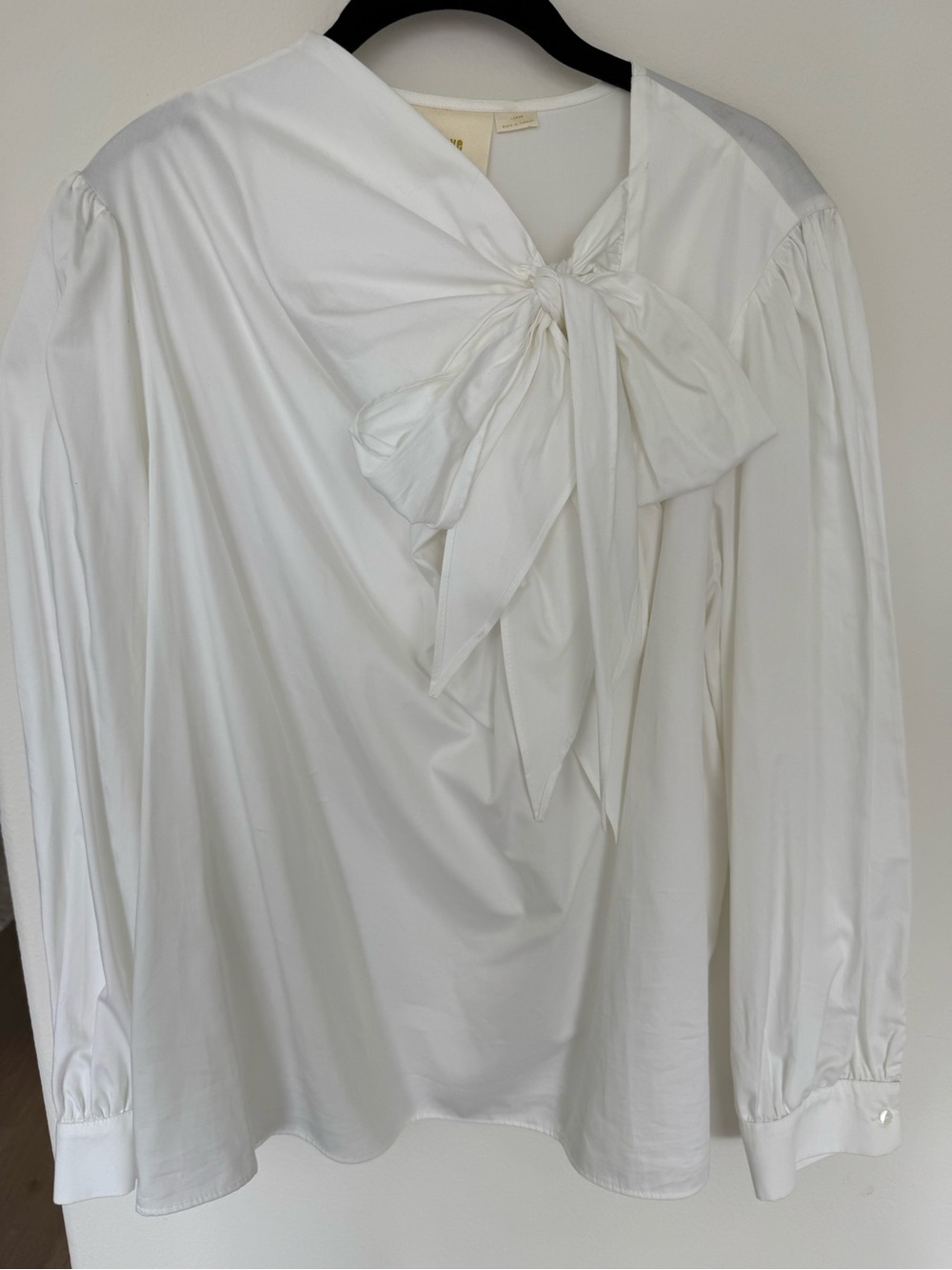 Anthropologie White Bow-Front Long Sleeve Blouse